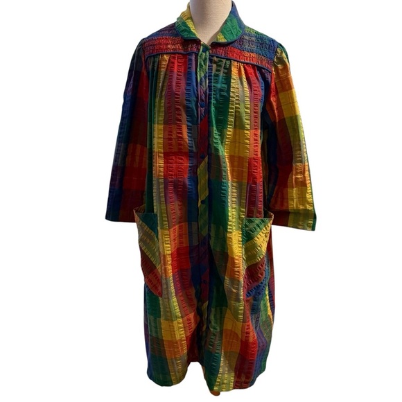 Vintage Coffee Coats Styled by Saybury Rainbow Seersucker House Coat Size Small - Picture 1 of 7